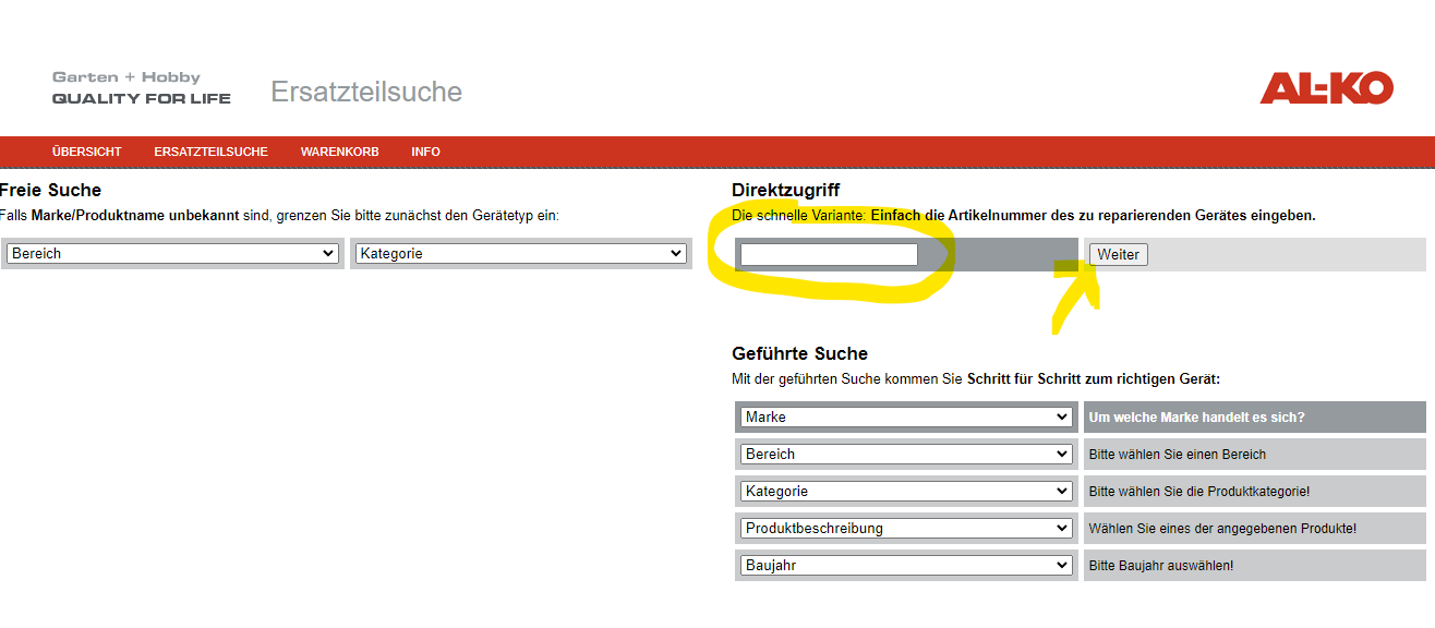 Recherche par numéro article dans le catalogue AL-KO