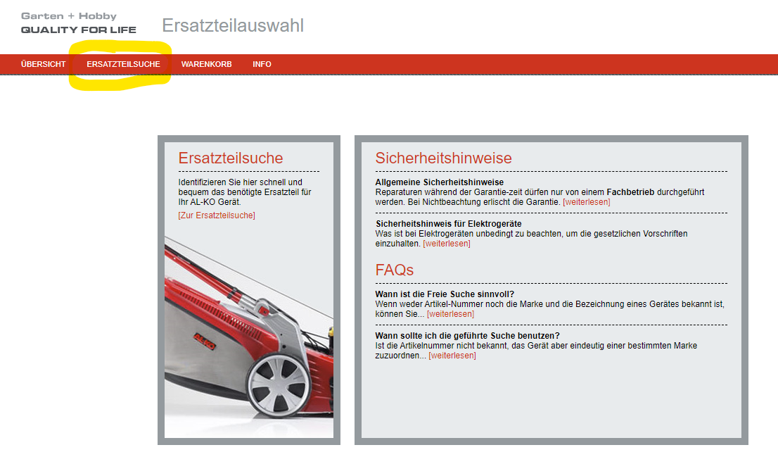 Menu Ersatzteilsuche du catalogue de pièces AL-KO